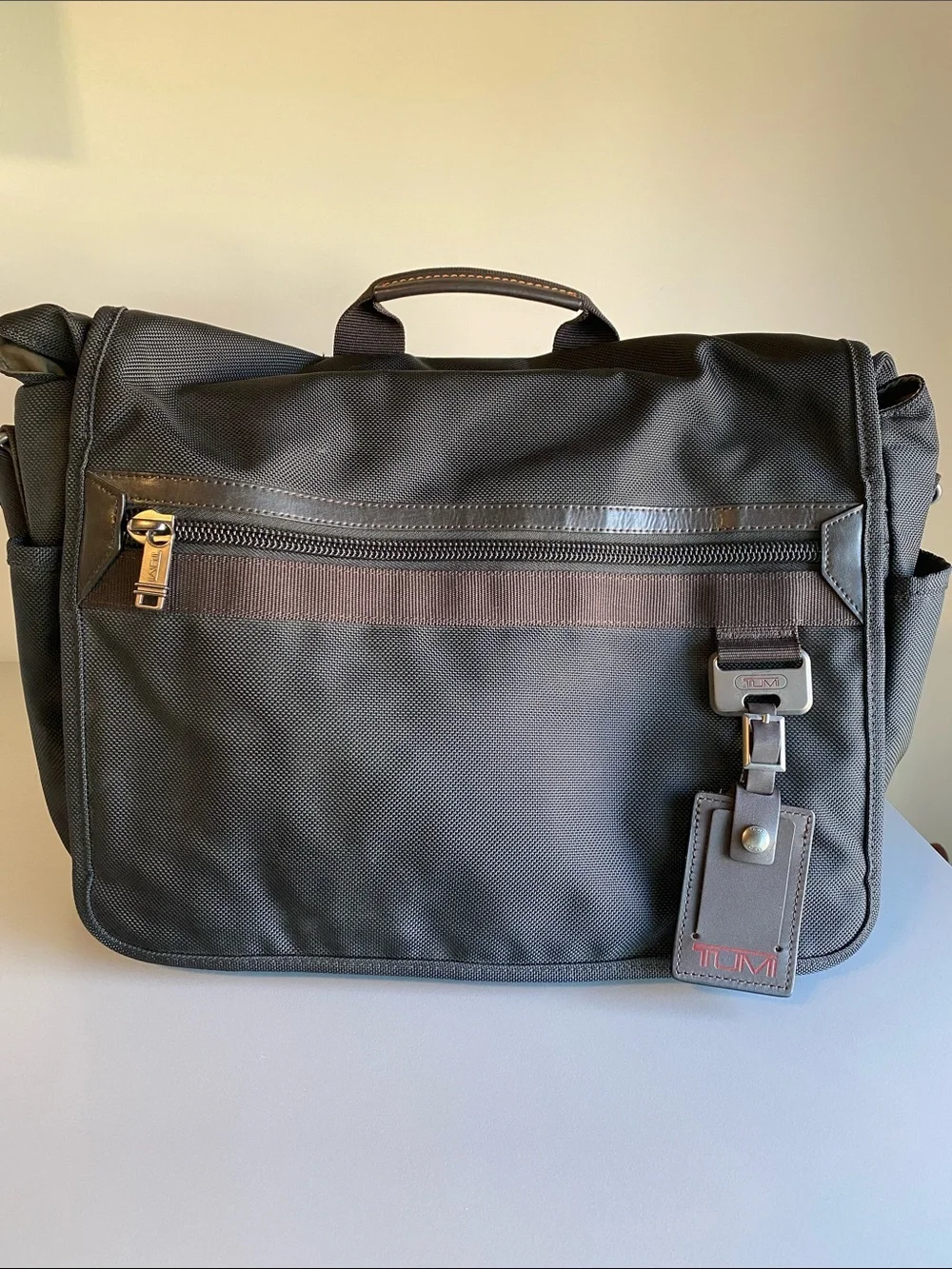 Tumi Black Nylon Messenger Bag with Brown Trim